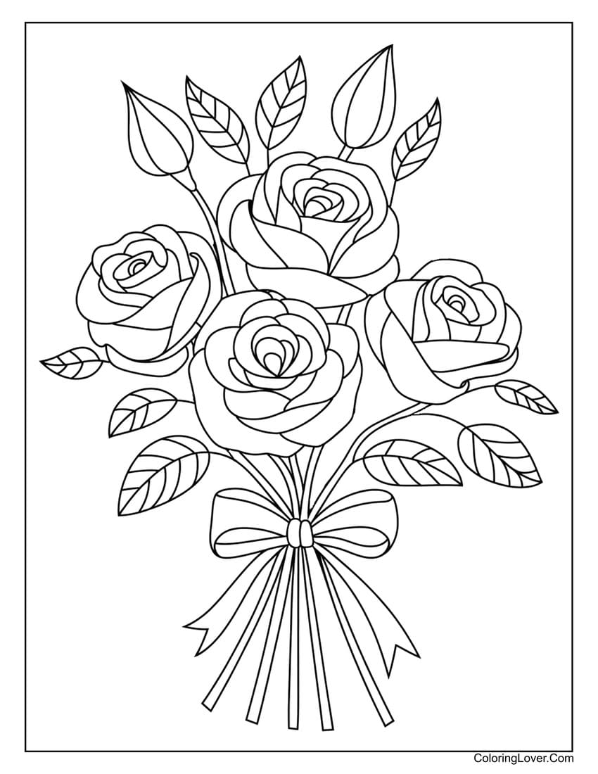 Small rose bouquet tied with bow coloring page