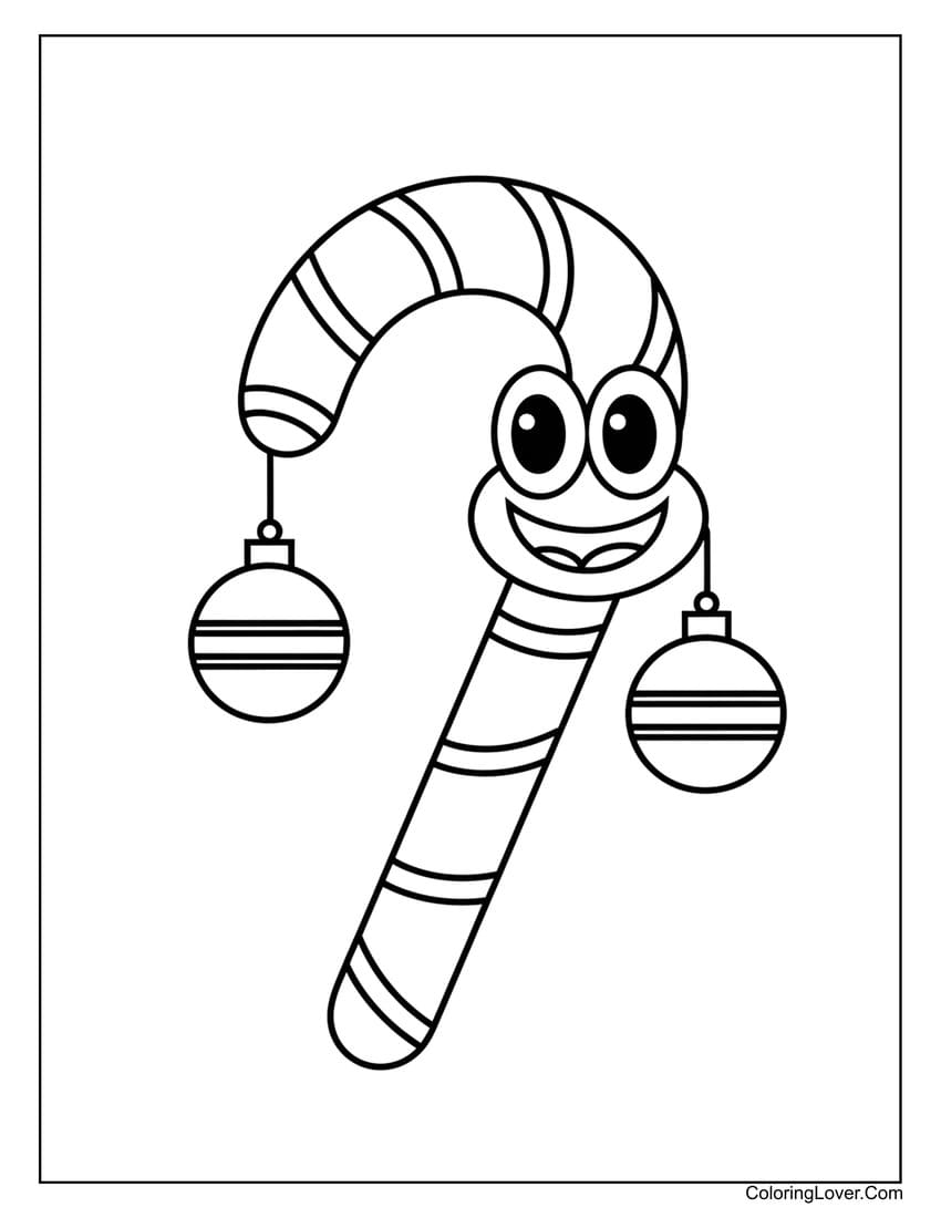 Smiling candy cane with hanging ornaments coloring page