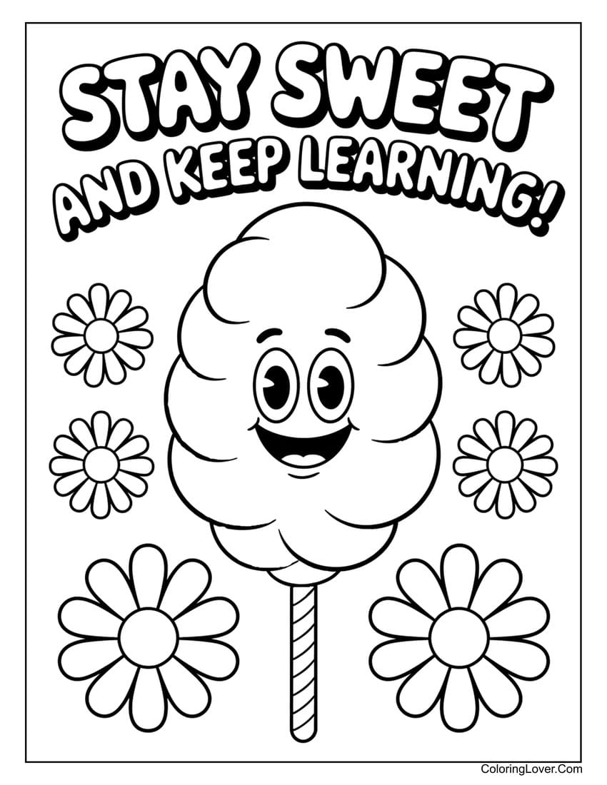 Smiling cotton candy with flowers coloring page