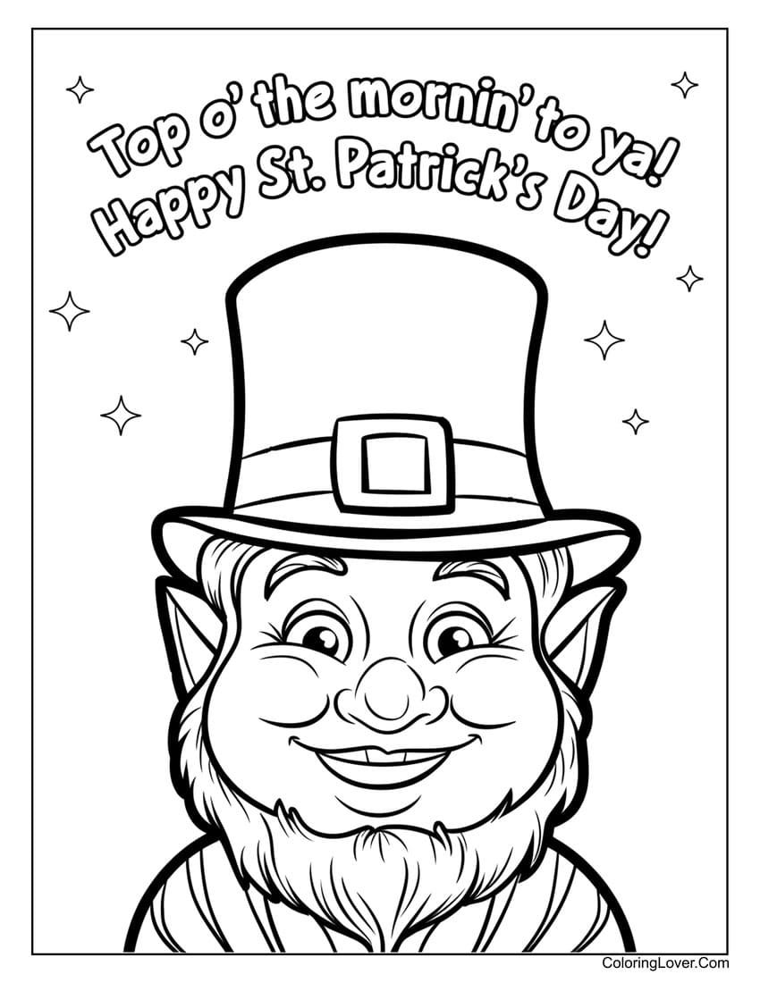 Smiling leprechaun St. Patrick’s Day greeting coloring page