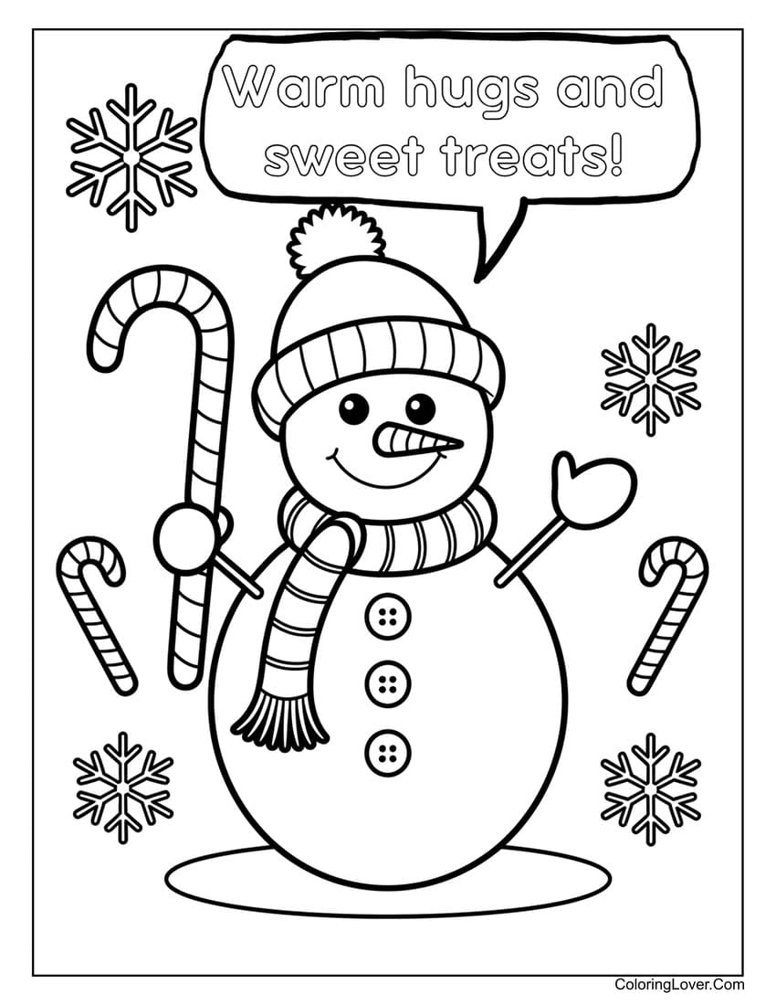 Snowman holding candy cane coloring page