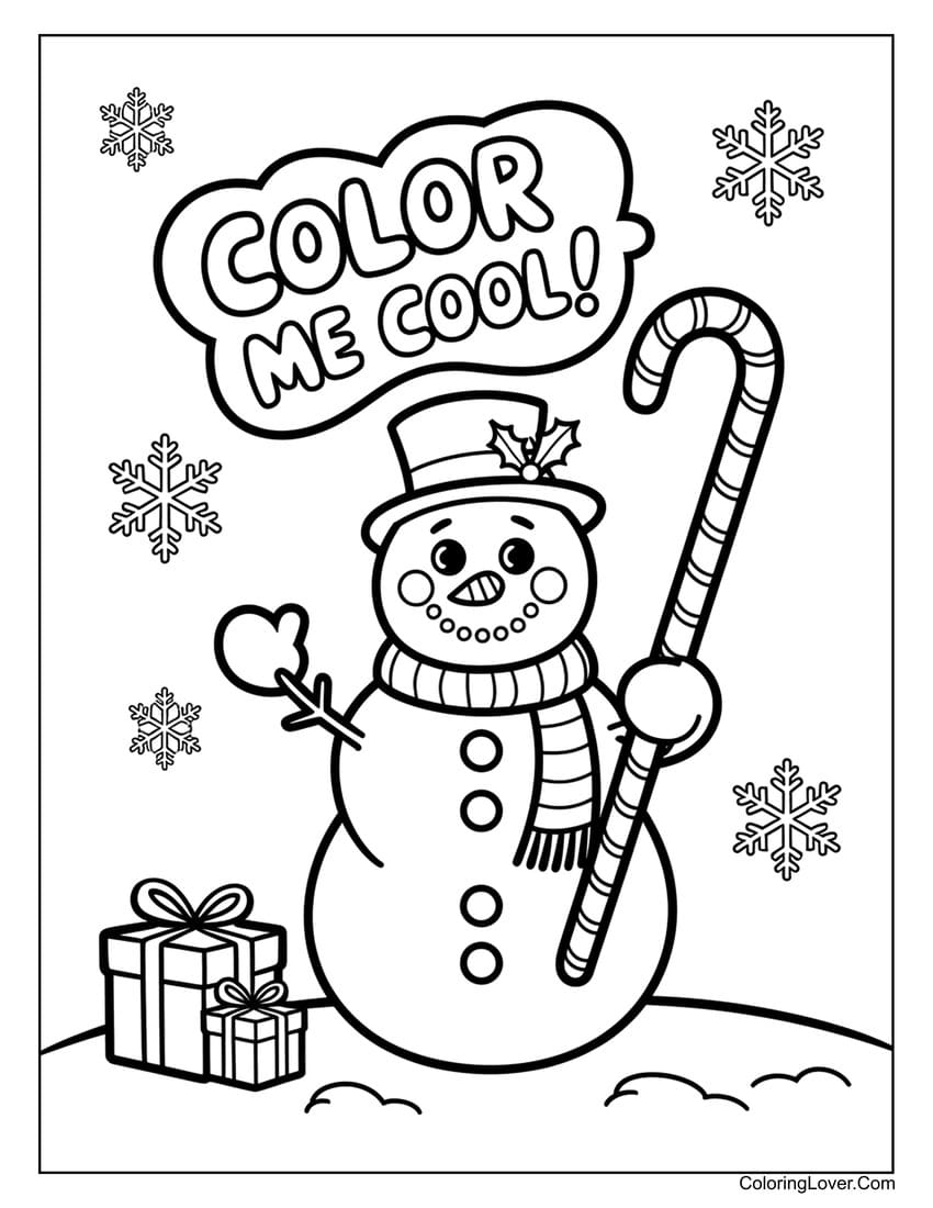 Snowman with candy cane and "Color Me Cool" text coloring page