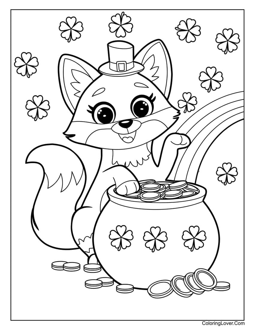 St. Patrick’s Day fox with pot of gold coloring page