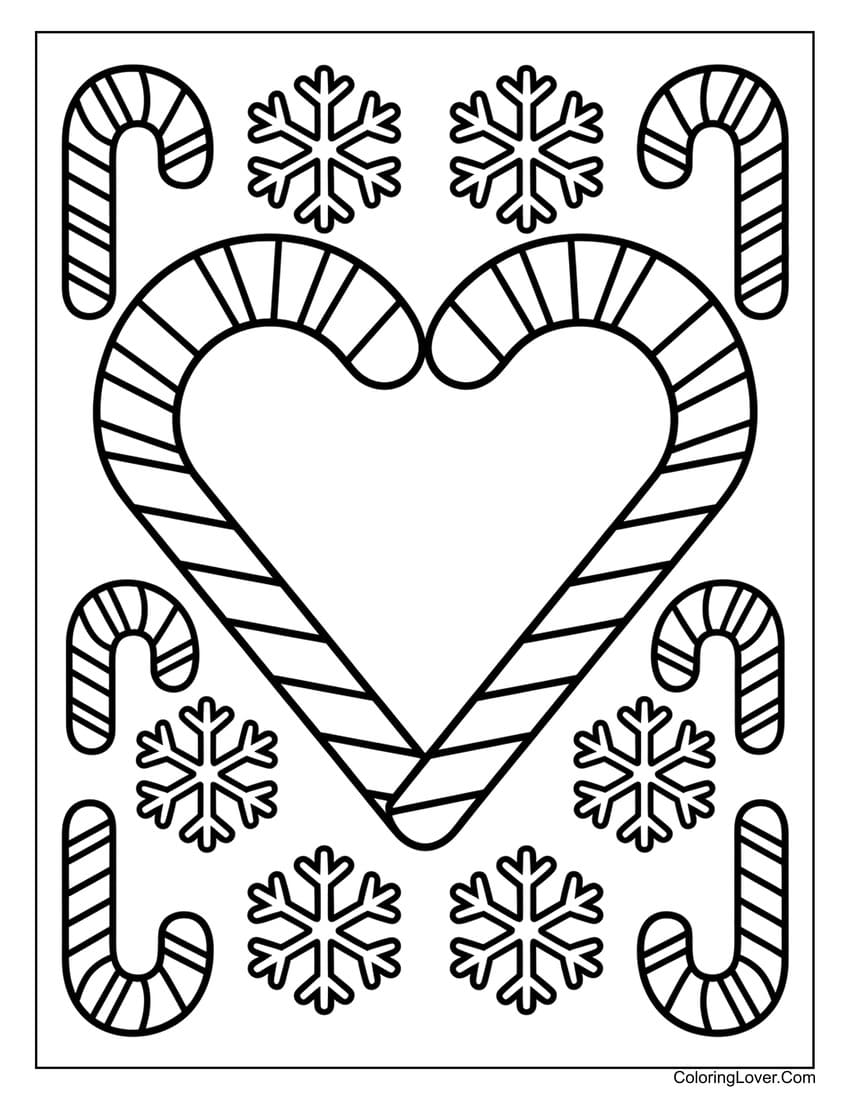 Striped candy cane heart coloring page for kids