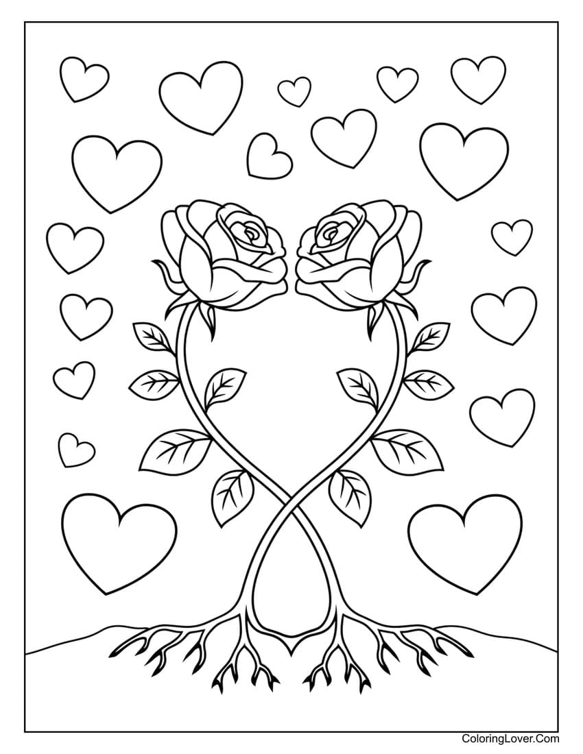 Two intertwined roses with heart background coloring page