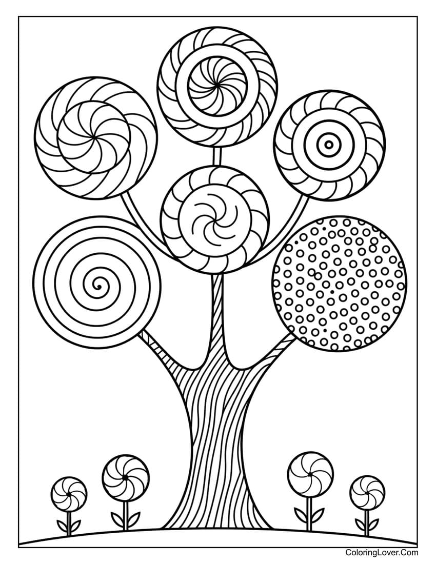 Whimsical lollipop tree coloring page