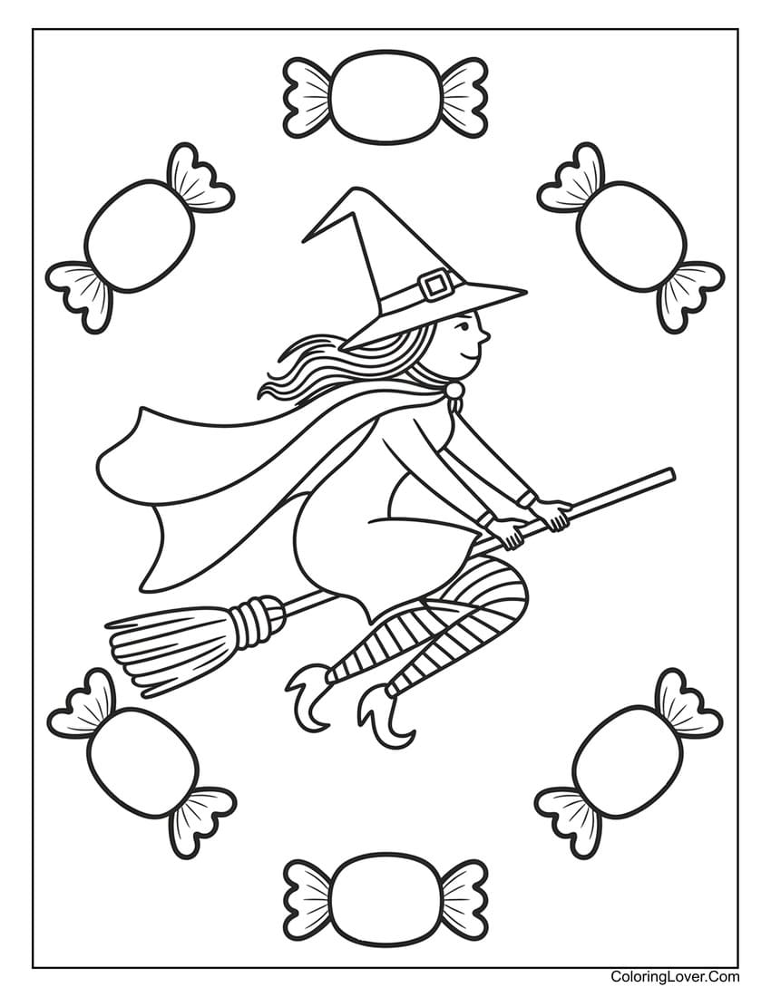 Witch flying on broom with candy coloring page