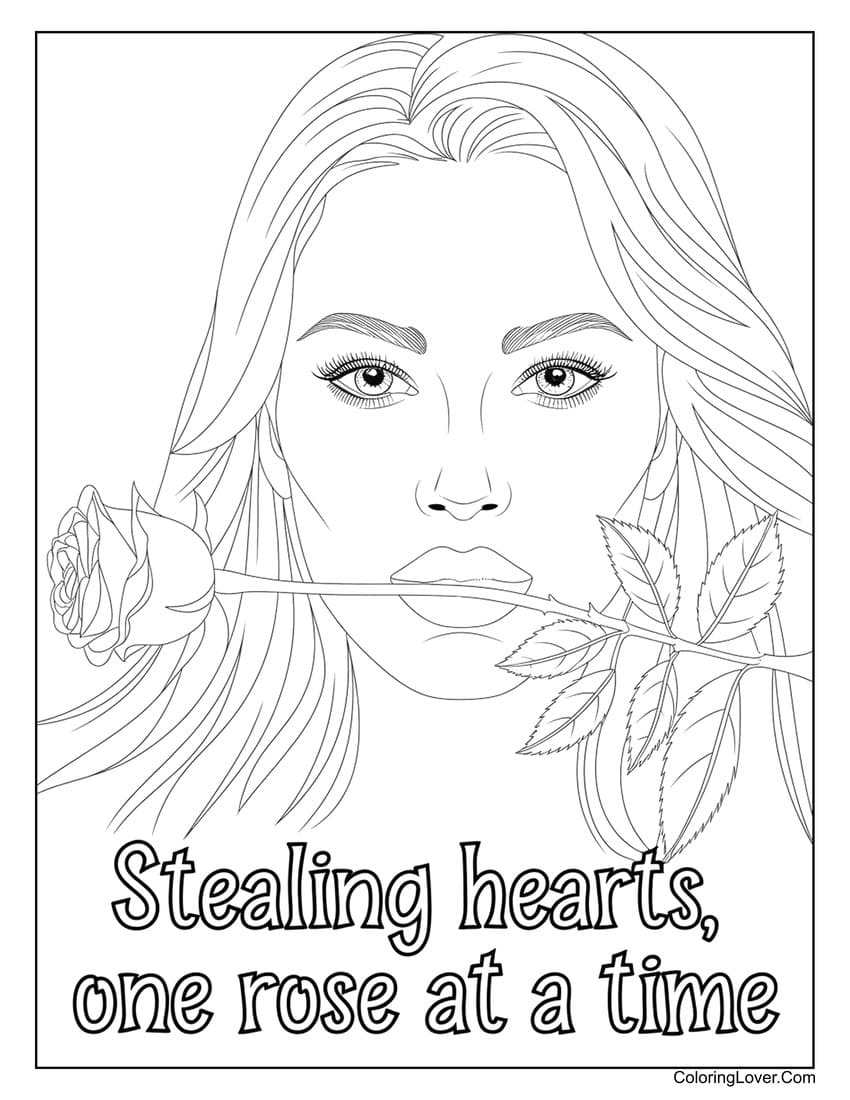 Woman biting a rose with "Stealing hearts, one rose at a time" coloring page