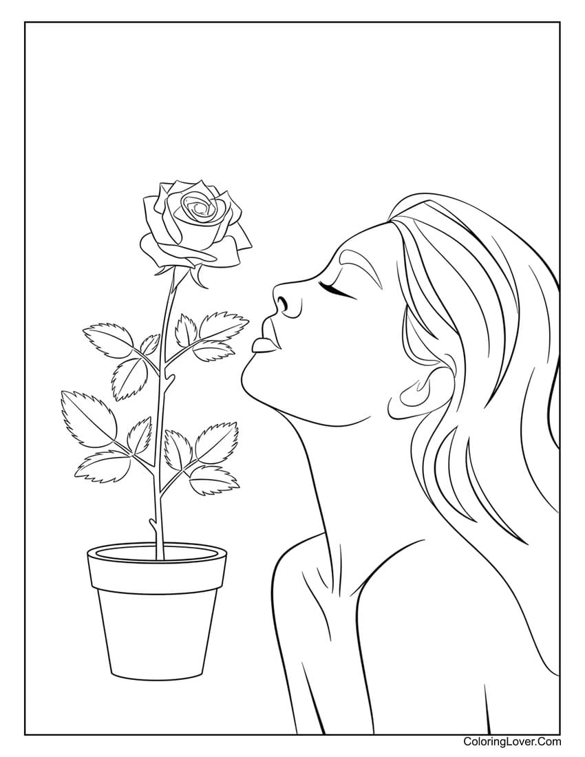 Woman smelling a realistic potted rose coloring page